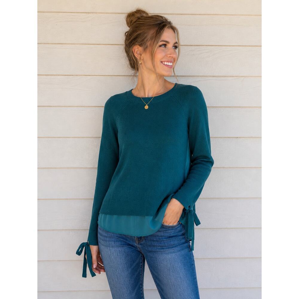 LOFT Teal Knit & Chiffon Layered Sweater Top Size Medium